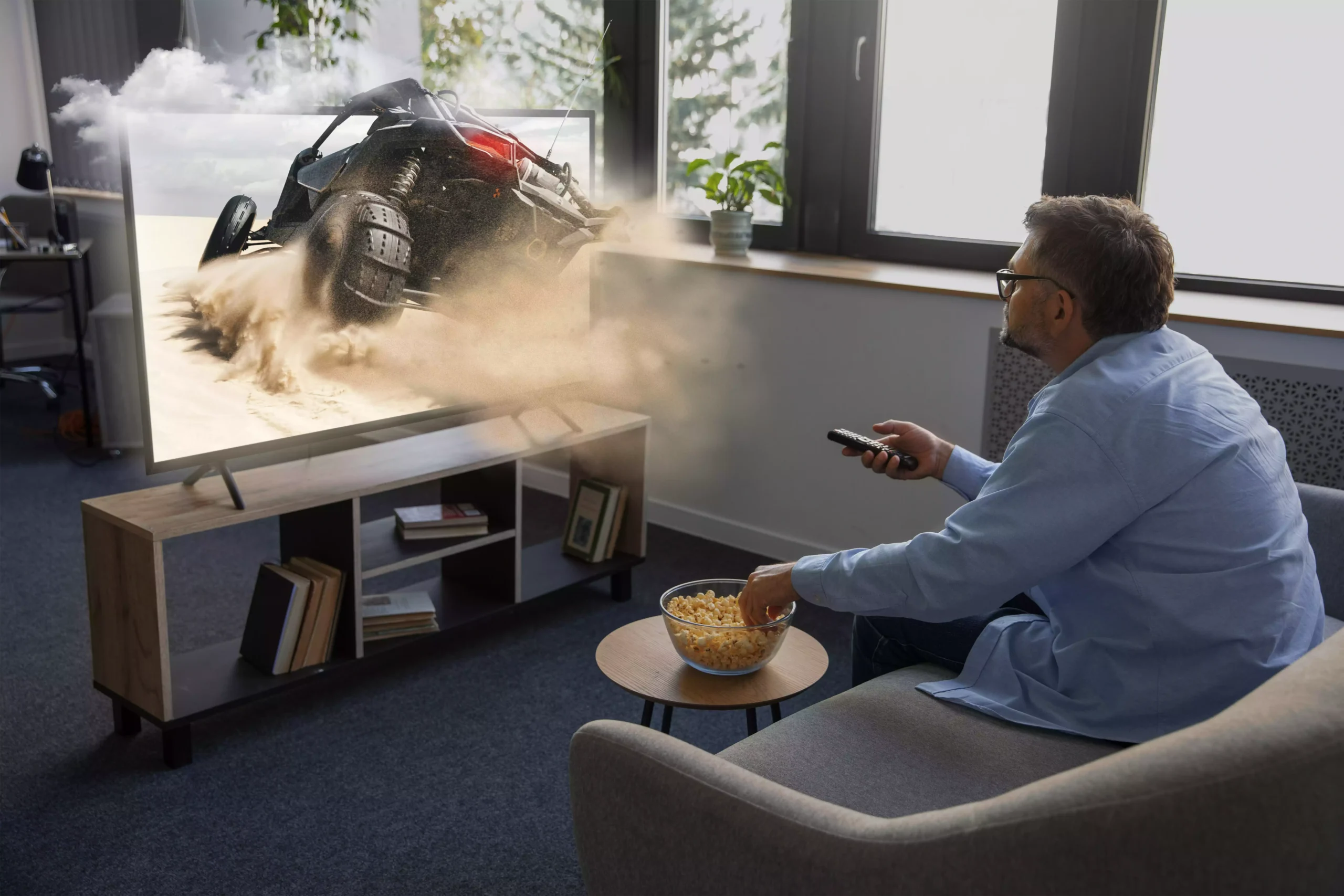 Familj tittar på film tillsammans med IPTV och popcorn